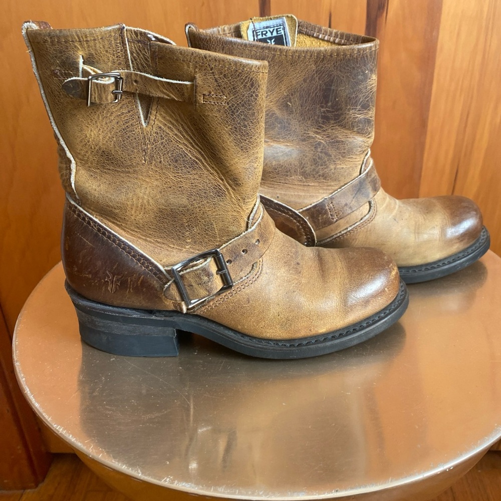 Frye Tan Leather Moto Boots with Buckle